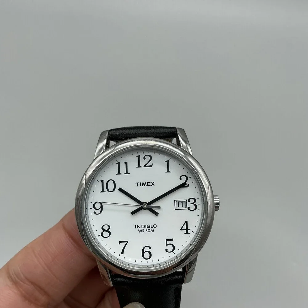 Timex Indiglo Mens Watch 35mm White Dial Black Leather Date New Battery